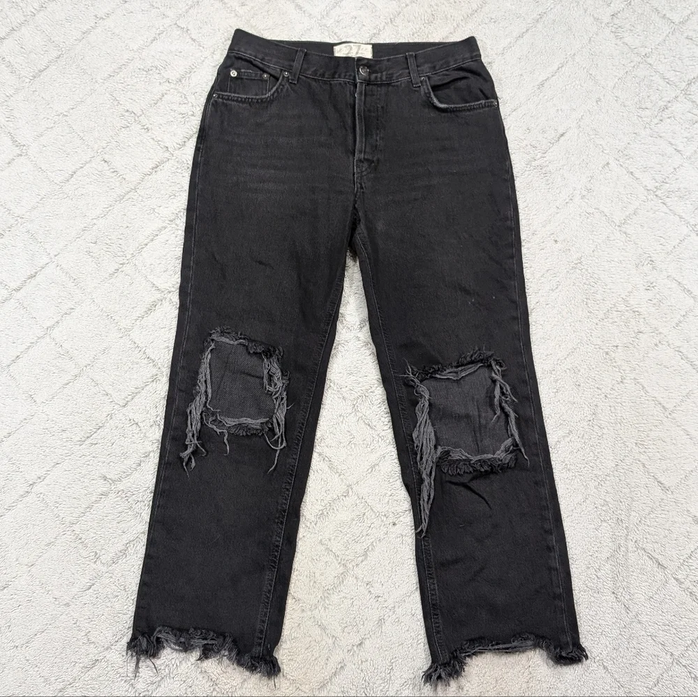 Free People Jeans Womens 27 Black Maggie Mid Rise Straight Distressed Denim